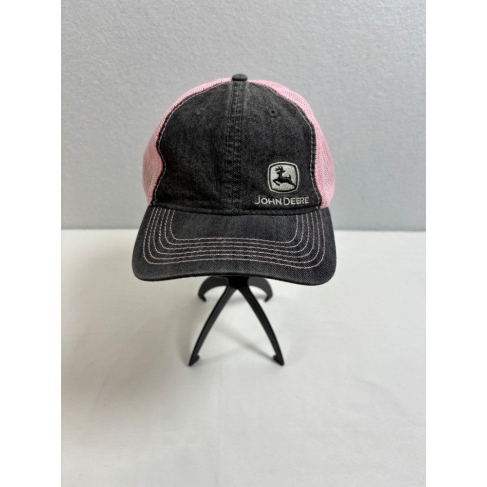 John Deere Women Trucker Hat Grey Pink Mesh Snapback Logo Cap